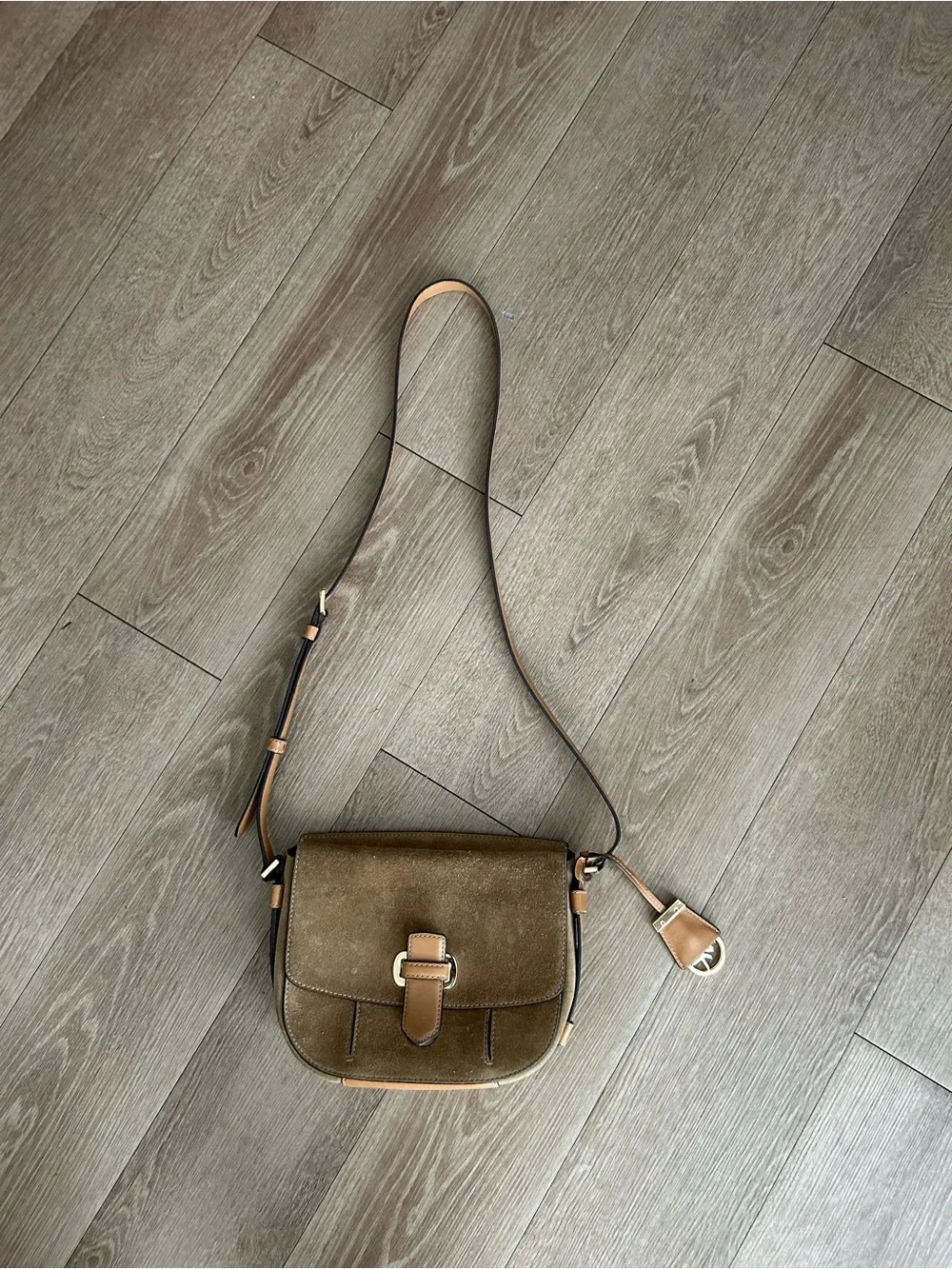 Classic Brown Suede Crossbody Bag with Tan Trim